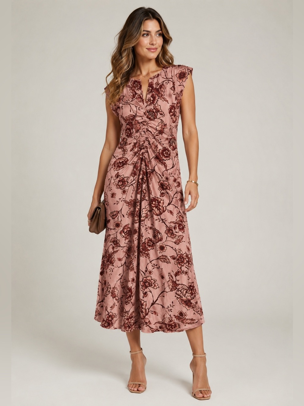 NWT Steve Madden Floral Midi Dress Pink Ruched Front V-Neck CapSleeve Size M $99